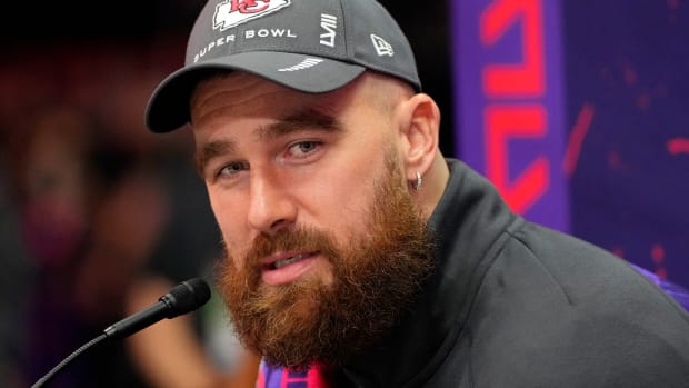 Feb 5, 2024; Las Vegas, NV, USA; Kansas City Chiefs tight end Travis Kelce (87) talks to the media during Super Bowl LVIII Opening Night